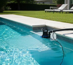 Filtro de piscina en funcionamiento en una piscina exterior con jardín bien cuidado.