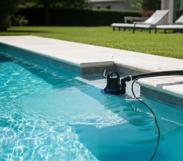 Filtro de piscina en funcionamiento en una piscina exterior con jardín bien cuidado.