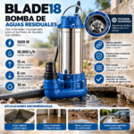 BLADE18 Bomba Trituradora de Aguas Residuales 1600W 18000 l/h | Sumergible Alta Potencia 2″ - Imagen 4